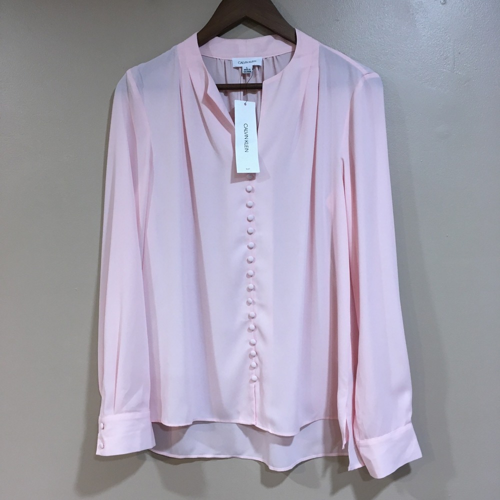 Calvin Klein Button Front Blouse Top Womens L Pink Professional Soft Girl Paris